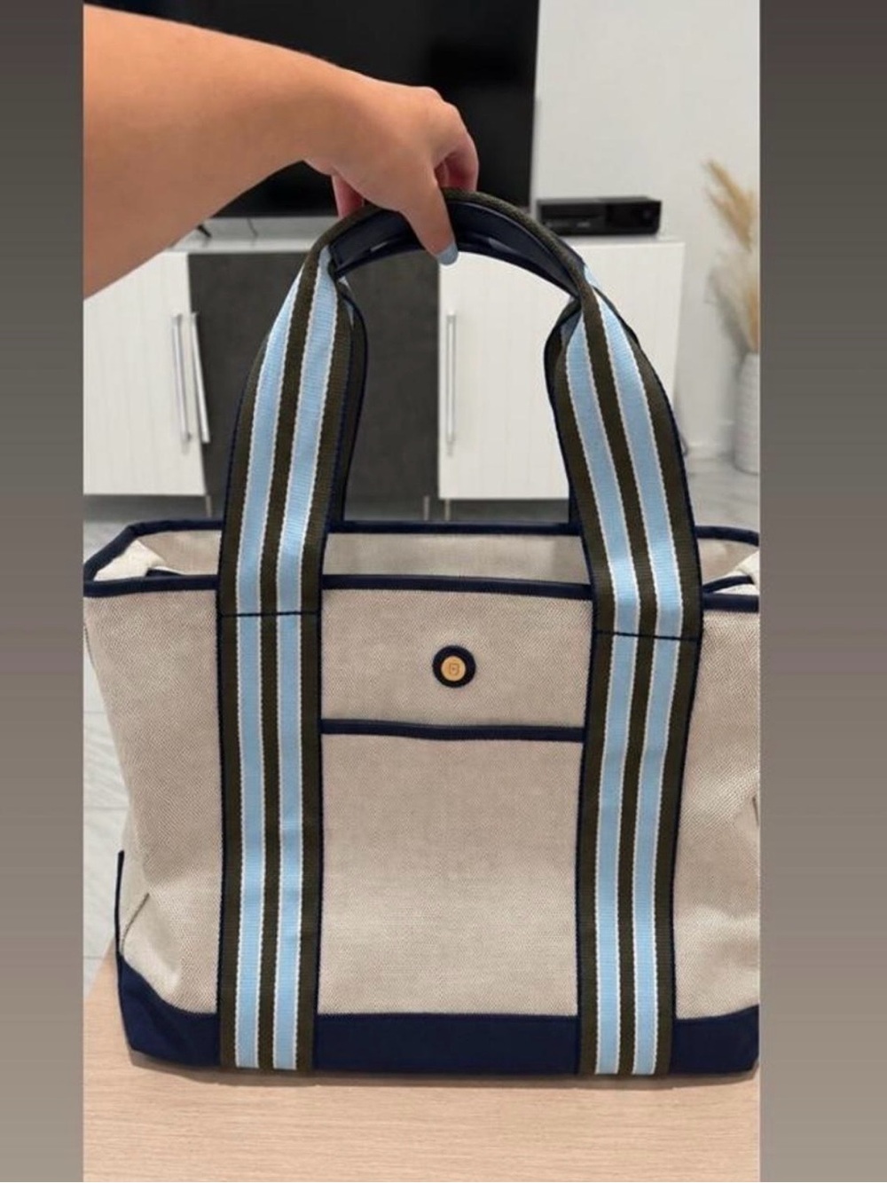 Canvas Tote Bag with Blue Stripe Handles - Unbranded